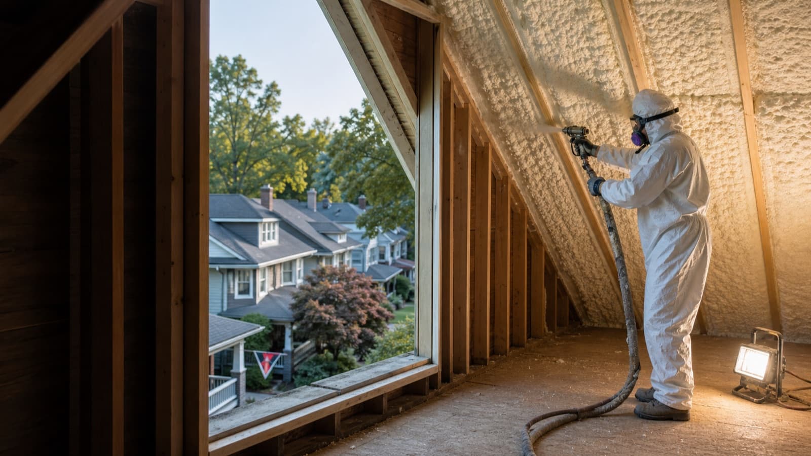 Installer applying spray foam in the attic of a Columbus American Foursquare home