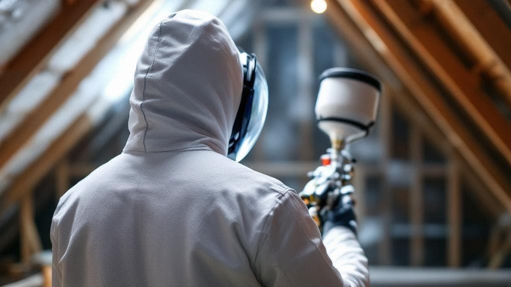 Tyvek-suited installer holding a spray foam gun, back-of-head only