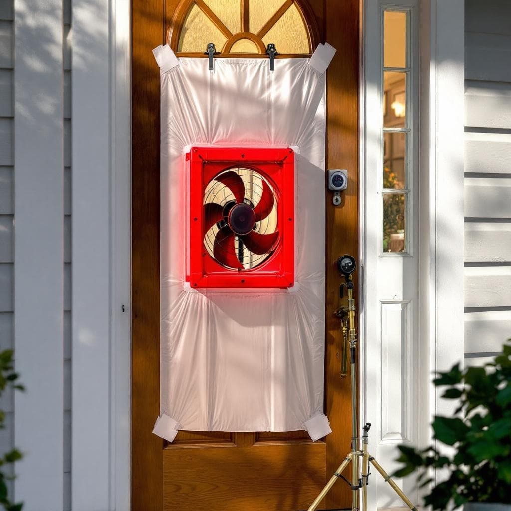 Pre-installation blower-door fan setup at the front door of a Columbus home