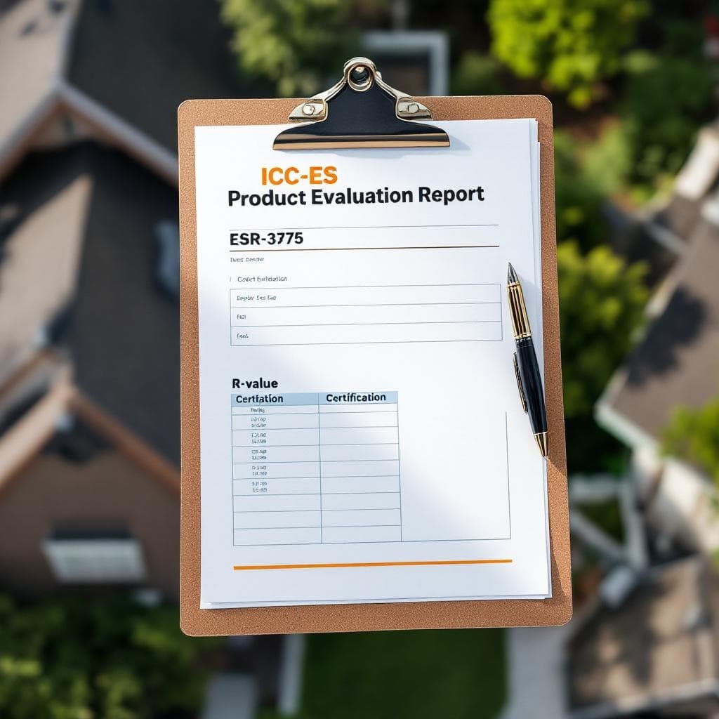 ICC-ES product evaluation report on a clipboard at a Columbus spray foam install