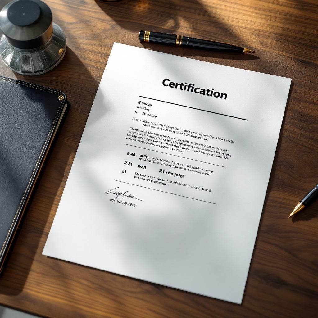 R-value certification document delivered as part of the closeout package