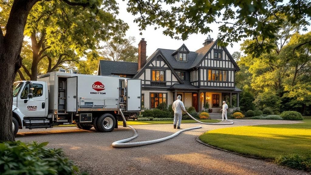 Truck-mounted Graco spray foam rig parked at a Columbus Tudor home with hose running into the basement